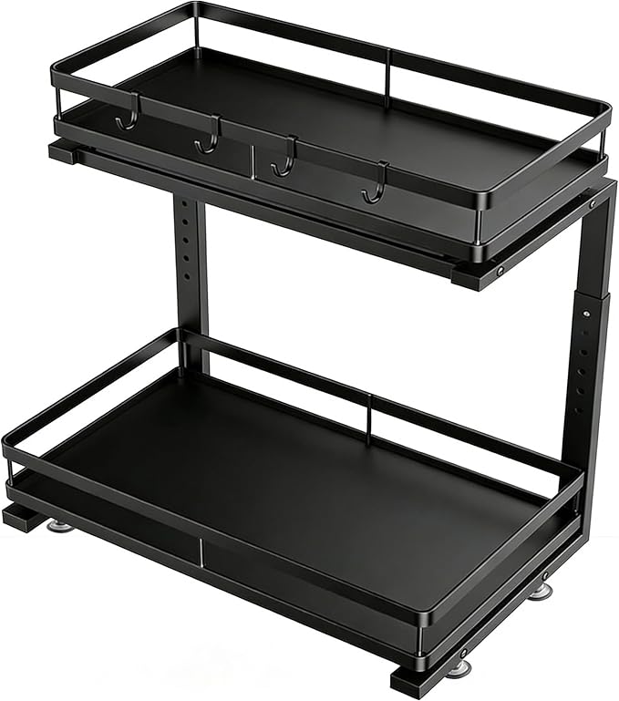 2 Pack Under Sink Organizers and Storage, Heavy Duty Metal Pull Out Cabinet Organizer with Ball-Bearing Slides, Height Adjustable L-Shaped Shelf for Kitchen & Bathroom (1-Pack)