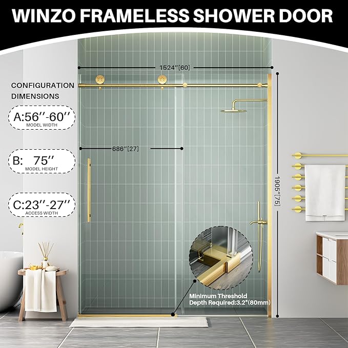 WinZo Frameless Shower Door 56-60 in W x 75 in H, Sliding Shower Door with 5/16"(8mm) Clear Tempered Glass Shower Doors, Easy to Clean Bathroom, Silent Soft-Close Design, Brushed Gold