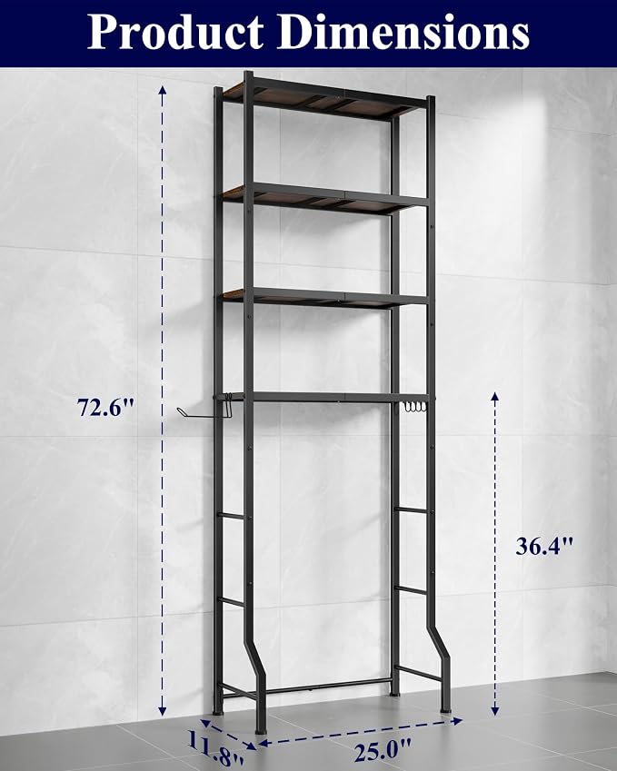Kitsure Over The Toilet Storage Rack, 4-Tier Metal Frame | Small Bathroom, Space Saving Storage, Heavy Duty Metal Frame, Easy Assembly, Brown & Black, 72.6"H