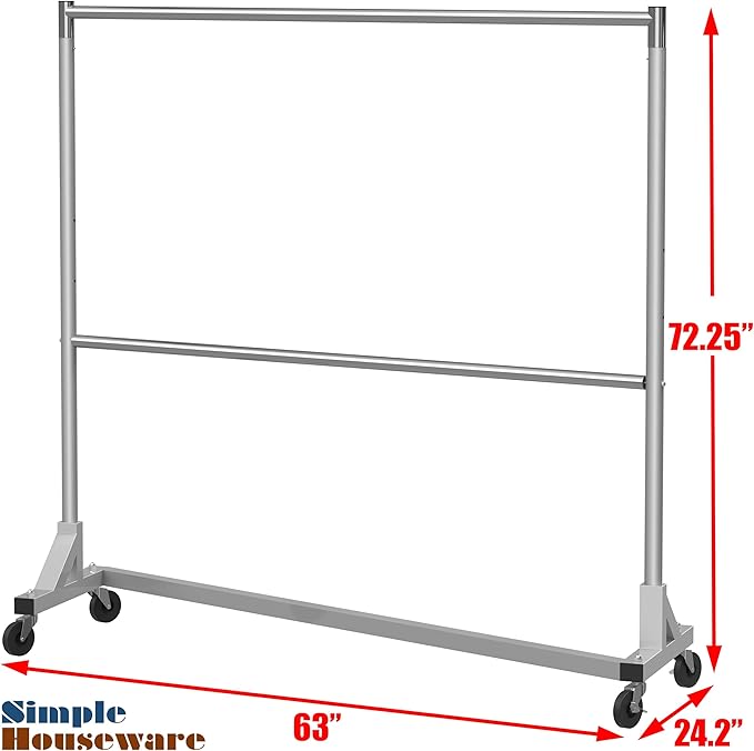 Simple Houseware Commercial Grade Z-Base Double Rod Garment Rack, Silver | 600Lb Load with 63" Extra Long Bar, Adjustable Middle Bar