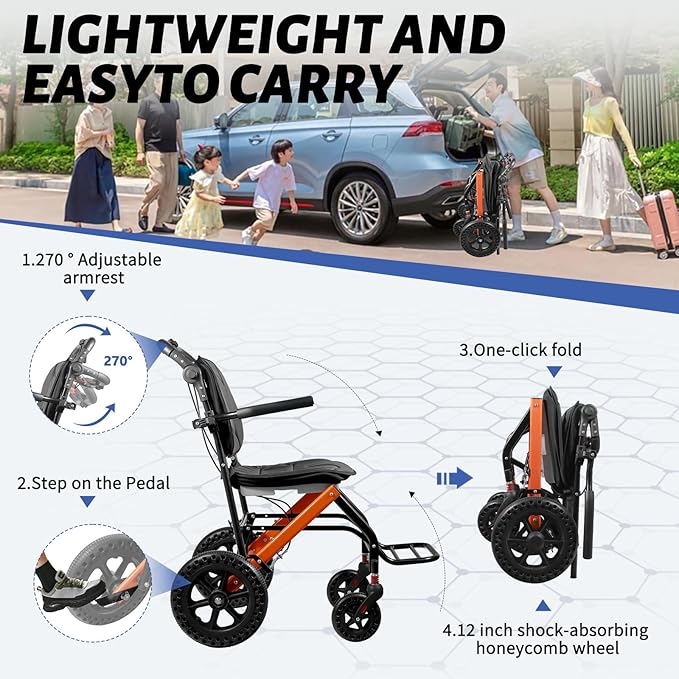 Wheelchairs for Adults,Transport Wheelchair Lightweight Foldable with Removable Cushion，Ergonimic Travel Wheelchair with Rotate Handle，Gift for Grandma