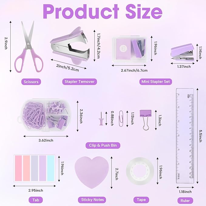 Desk Organizers and Accessories, Office Supplies 15PS Set with Stapler, Staple Remover, Pen Holder, Clips Set, Tape Dispenser, Tape, Phone Holder, 1000 Staples, Ruler, Scissors (Purple)