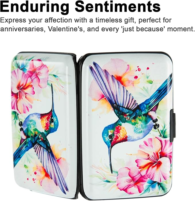 Credit Card Holder, Metal Card Wallet RFID Blocking Mini Slim Aluminum Business Hard Card Case for Women Men (Flowers Hummingbird)