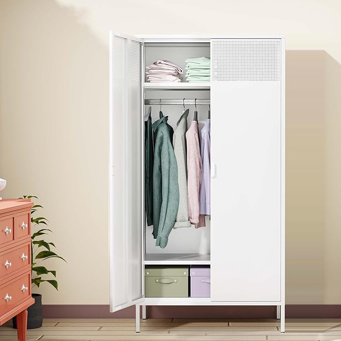 Washsemba Metal Storage Cabinets Locker with Hanging Rod and Adjustable Shelves, 71'' Clothing Steel Storage Wardrobe for Home & Office, School, Employee,Gym(White, 71''H-Wardrobe)