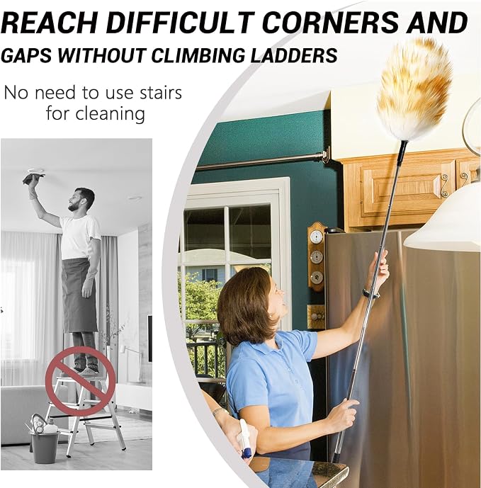 Extendable Lambswool Duster, Up to 82 in, Aluminum Handle | Single duster, Up to 82 in reach, Natural lambswool head, Aluminum handle, Reusable for ceilings, fans and furniture