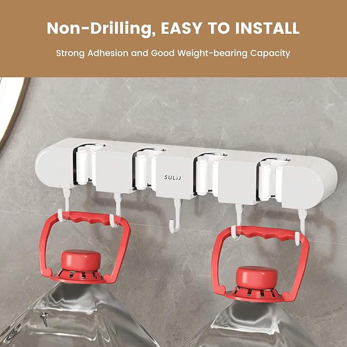 2Pcs Broom Holder Wall Mount, No-Drilling Self-Adhesive Mop and Broom Storage Rack with Hooks (4 Racks with 5 Hooks), Wall-Mounted Broom Hanger for Bathroom, Kitchen, Closet, Garage (White ﻿)