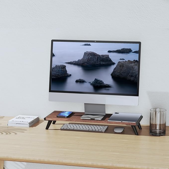 loukin Monitor Stand Riser for Desk, 22.4" × 8.2" Computer Stand, Brown | Supports 22 lb, No Installation Required, Water-Resistant Surface, Fits Laptops and Printers, Ergonomic Design