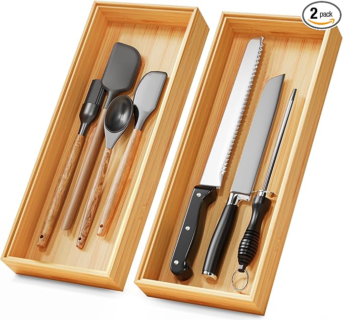 Bamboo Kitchen Drawer Organizer Set of 2, 15" x 6" Stackable Wood Tray | Silverware Utensil Tray for Drawers Bins, Cutlery & Flatware Storage, Wooden Boxes Organizers for Junk Drawer, Bathroom, RV