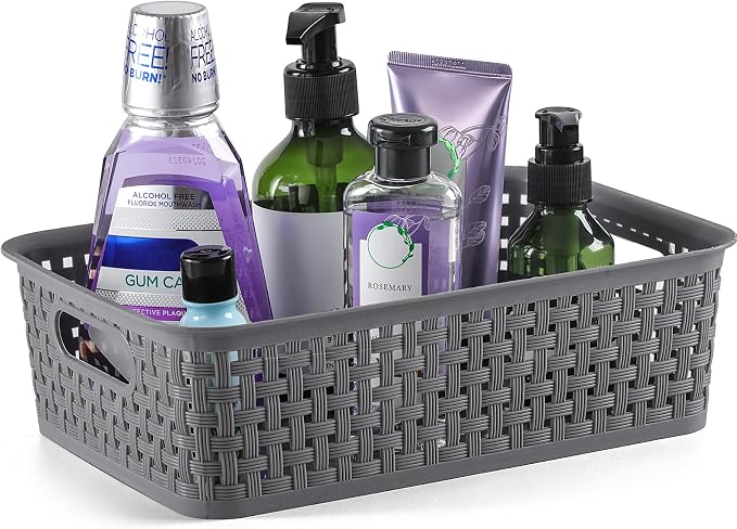 NETANY Plastic Storage Baskets - 8 Pack, Gray, Durable, Easy to Use, Flexible, Multi-Purpose, Ideal for Closets, Cabinets, Shelves, Countertops