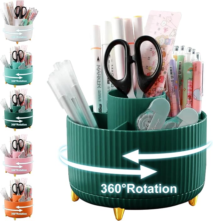 Cayxenful Pencil Holder For Desk,5 Slots 360°Degree Rotating Desk Organizers And Accessories,Desktop Storage Stationery Supplies Organizer, Cute Pencil Cup Pot For Office, School, Home (A-Green)