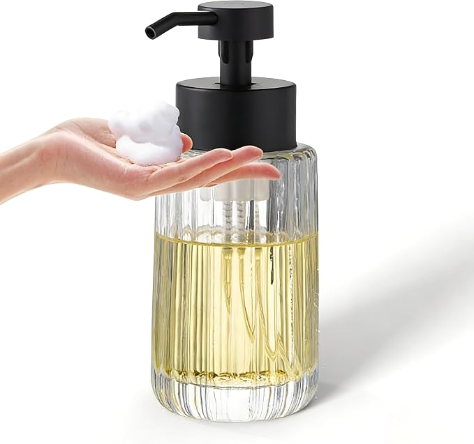 Easy Tang Glass Foaming Soap Dispenser with Black Pump, 12 OZ Vintage-Inspired Modern Glass Refillable Bottle, Hand Soap for Bathroom Countertop and Kitchen