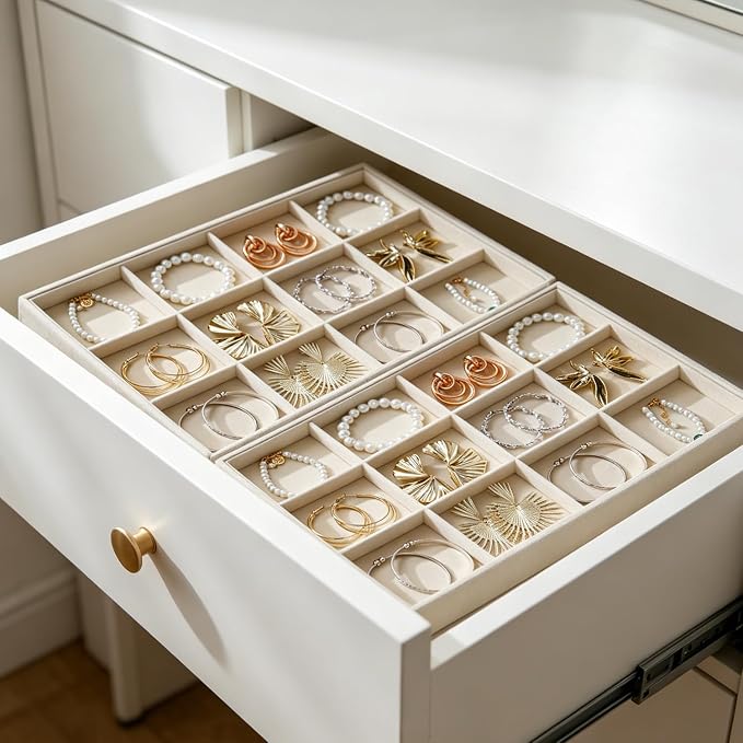 Large Stackable Jewelry Tray 4 Pack Velvet Jewelry Display Drawer Inserts Trays Organizer for Earring Bracelet Necklace Ring (Beige, 12 Grids)