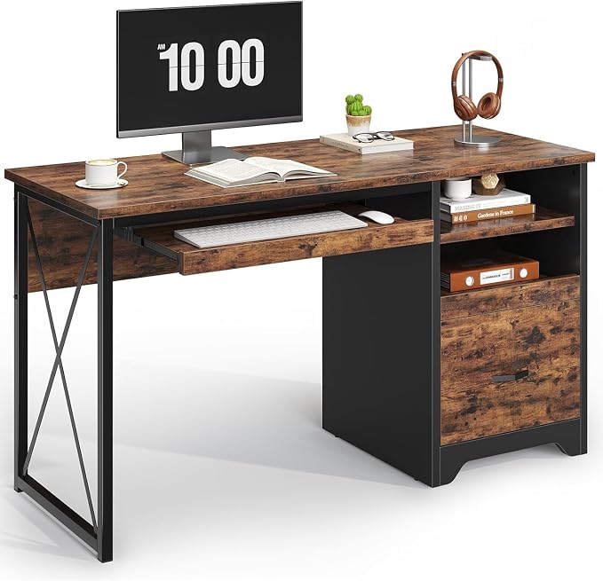 Bestier 47" Computer Desk with Drawers, Home Office Desk with Keyboard Tray, Reversible Industrial Office Desk with Storage Cabinet for Small Space Home Office & Studio, Rustic Brown | Storage Drawer, File Drawer Letter/Legal, Keyboard Tray, Cable Mana...