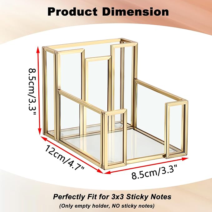 BTSKY Golden Glass 3x3 Inch Sticky Note Holder with Pen Slot, Elegant Post It Note Dispenser with Non-Slip Pads Clear Notepad Holder for Desk Organization Planning, Home Office Decor