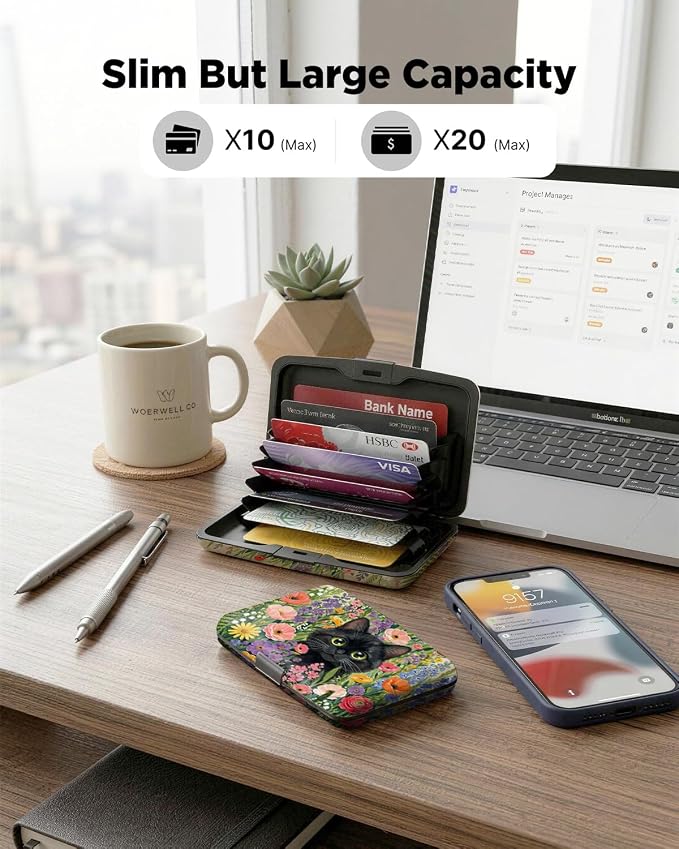 Maicican RFID Blocking Aluminum Credit Card Holder | Slim Metal Wallet for Women & Men, Business Card Case for Travel, Fits Front Pocket, Card holder wallet - Flower Cat
