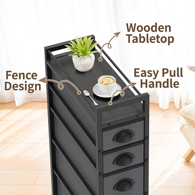 LASZOLA 5 Drawer Narrow Slim Cabinet Skinny Storage Tower Chest, Ideal for Small Spaces, Between Washer and Dryer, Lightweight Mobile on Wheels, Sturdy Fabric Drawers