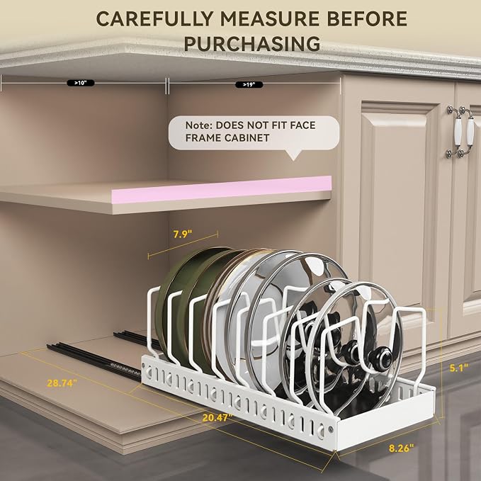 Pull Out Pot Lid Organizer | Cabinet Pan Rack, 10 Dividers