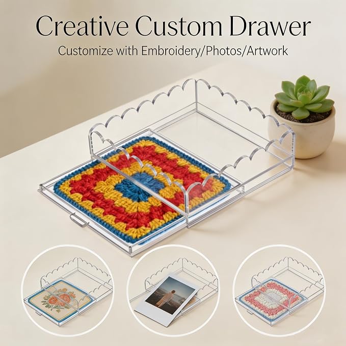 2 Pcs Acrylic Tray with Insert, 5" x 5" Clear Acrylic Tray with Drawer, for Insert Needlepoint, Photos, Art, Fabric, Napkin, Messages Display Basket, Decorative Tray Gift for Home Office