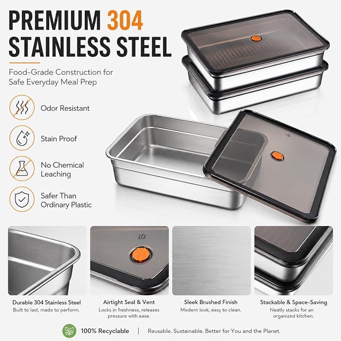 3-Pack Stainless Steel Food Storage Containers with Airtight Lids - Vacuum Seal Meal Prep Containers for Fridge Organization - Leakproof & Stackable Food Storage Set for Kitchen Freezer & Oven Safe