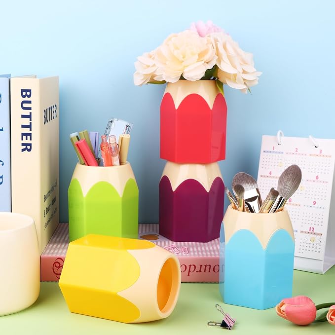 9 Pcs Pencil Shaped Pen Holders Pencil Storage Organizer Cute Plastic Pencil Holder for Desk Desktop Pen Cup Colorful Vase Pen Pot Makeup Brush Container Cartoon Stationery Rack for Office