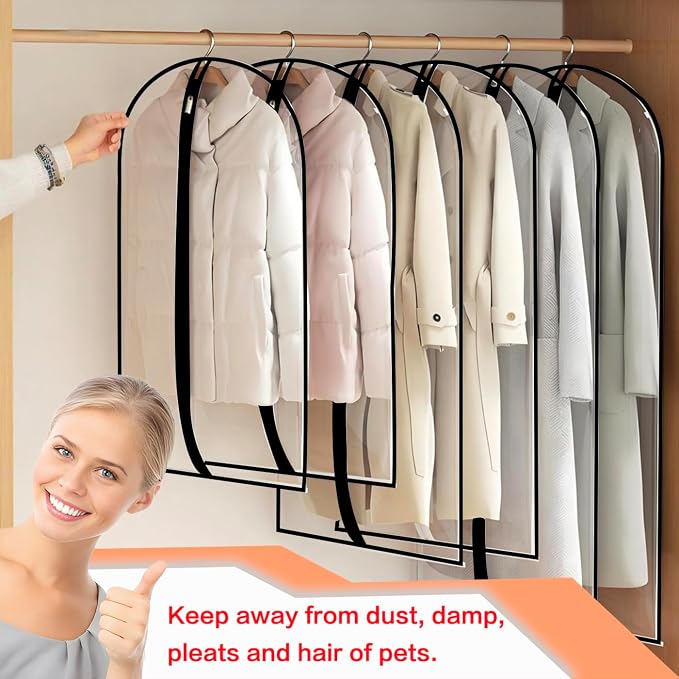 Clear Garment Bags (24'' x 48'' Set of 6) Clothes Covers for Closet Storage Closet Cover for Open Closet Hanging Clothes Travel Bag Clothes Bags with Zipper Gown Garment Bag for Long Dresses