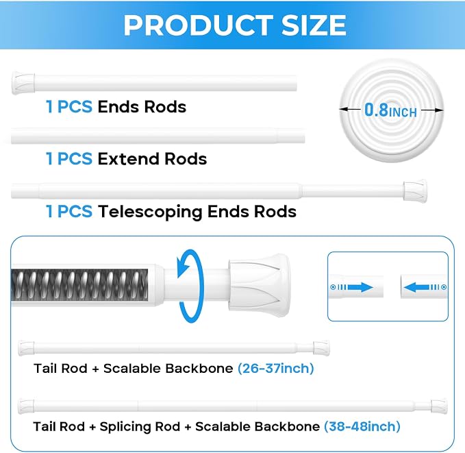 4 Pack Tension Rods for Windows 28 to 48 inch, Adjustable Curtain Rods No Drilling Spring Rods Extendable Pressure DIY Tension Rod for Window Closet Kitchen, White
