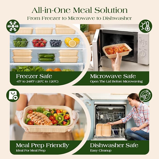 50 Pack (100 Piece) Food Containers with Lids, 22oz Meal Prep Containers Reusable Plant-based Cornstarch Lunch Box BPA Free Small Disposable Take Out Togo Boxes for Salad Microwave & Freezer Safe
