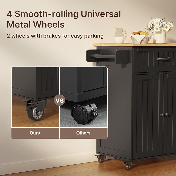 Gizoon 33" W Kitchen Island Cart with Rubberwood Top | Rolling Cart on Wheels with Adjustable Shelf, Drawer, Spice Rack, Towel Bar, Mobile Storage Cabinet for Dining Room, Black