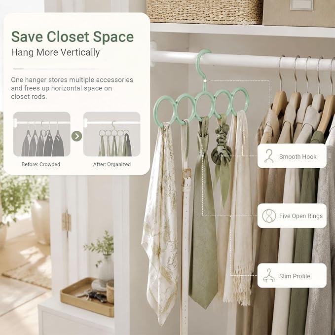 Coshar 5 Pack Scarf Hanger Holder Scarf Storage Organizer for Ties Belts Socks, Ring Hole Slots for Space Saving, Multiple Purpose Tie Belt Rack Organizer (2 White+ 3 Green)
