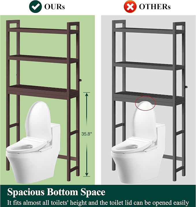 Smiry Over The Toilet Storage Cabinet, 3-Tier Bamboo Bathroom Organizers with Adjustable Shelf & 4 Hooks, Space Saving Shelf Rack for Bathrooms, Laundry Room, Balcony, Brown
