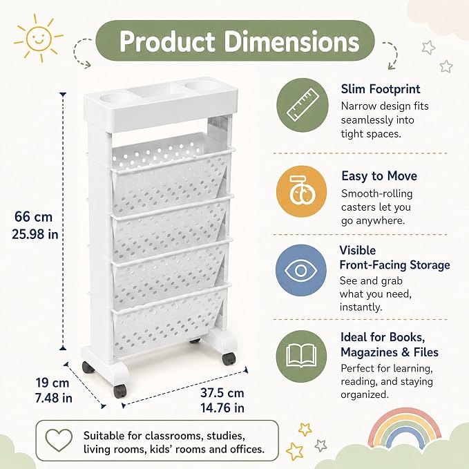 5-Tier Rolling Bookshelf Cart with Wheels, White | Slim Mobile Book Cart, Plastic Magazine Rack Rolling File Paper Organizer for Home Office Study Classroom Living Room