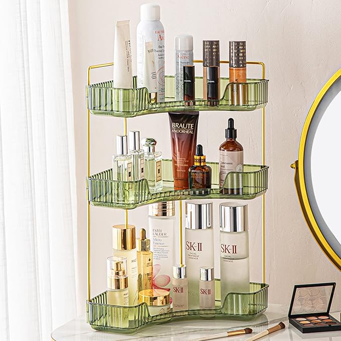 shuang qing 3-Tier Corner Bathroom Counter Organizer – Classic Storage Shelf for Makeup, Perfume & Toiletries, Space-Saving Countertop Tray Fits Bathroom, Dresser, Kitchen (Sage Green)