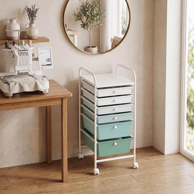 GOFLAME 6-Drawer Rolling Storage Cart, Multifunctional Art Craft Organizer Cart, Mobile Utility Storage Cart with Removable Drawers & Lockable Wheels, Craft Cart for Home Office, Green Gradient