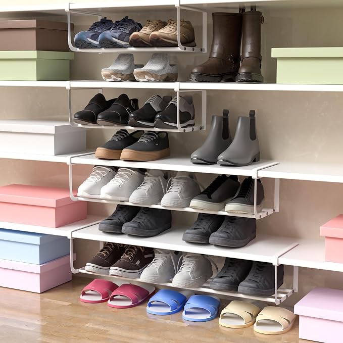 CroBlissful 4 Pcs Expandable Shoe Rack Organizer for Closet 16.5-31.5 Inch Adjustable Retractable Hanging Cabinet Shoe Shelf Dorm Room Storage for Space Saving (White)