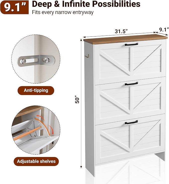 Shoe Cabinet for Entryway, 3 Flip Drawers Shoe Storage Cabinet with 3-Tier Adjustable Shelves, Ultra Slim 9.1" Depth Holds Up to 30 Pairs, Freestanding Hidden Shoe Organizer with Barn Door Design