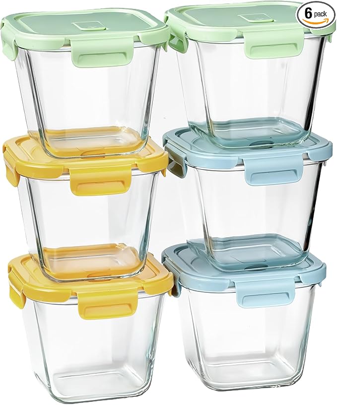 Borosilicate Glass Soup Containers with Lids, 4 Cup/32 oz, 6 Pack | Microwave Dishwasher Oven Freezer Safe | Airtight Leak Proof | Food Grade | Square Soup Meal Prep | Lunch | Food Storage Set