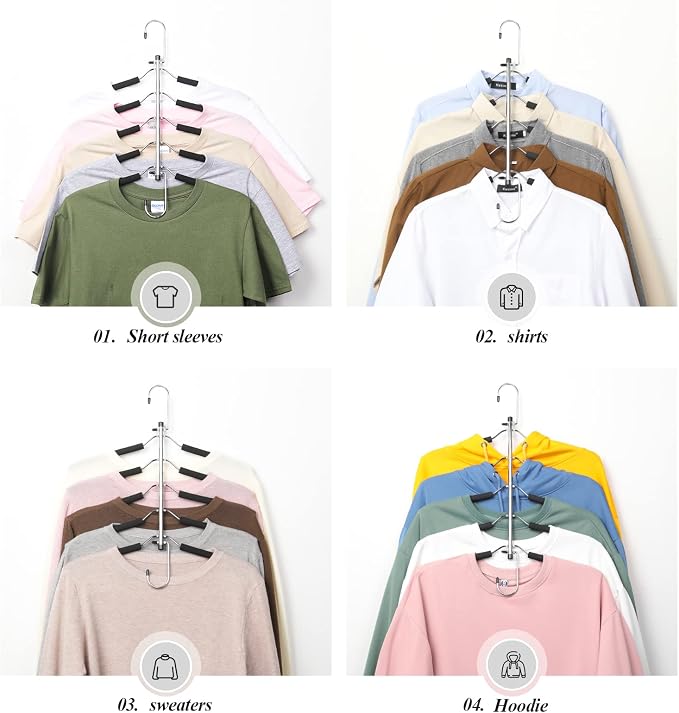 Space Saving Clothes Hangers – 5-in-1 Shirt & Coat Hangers with Non-Slip Foam, Stainless Steel Tiered Closet Organizer for Sweatshirts, Hoodies, Sweaters, T-Shirts – 2 Pack by ZNBEN