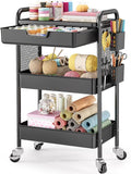 3 Tier Metal Rolling Utility Cart with Drawer & Pegboard - Multifunctional Storage Cart on Wheels with Tabletop, Hooks & Basket, Sturdy Craft & Art Cart for Bathroom, Bedroom, Children Room, Black
