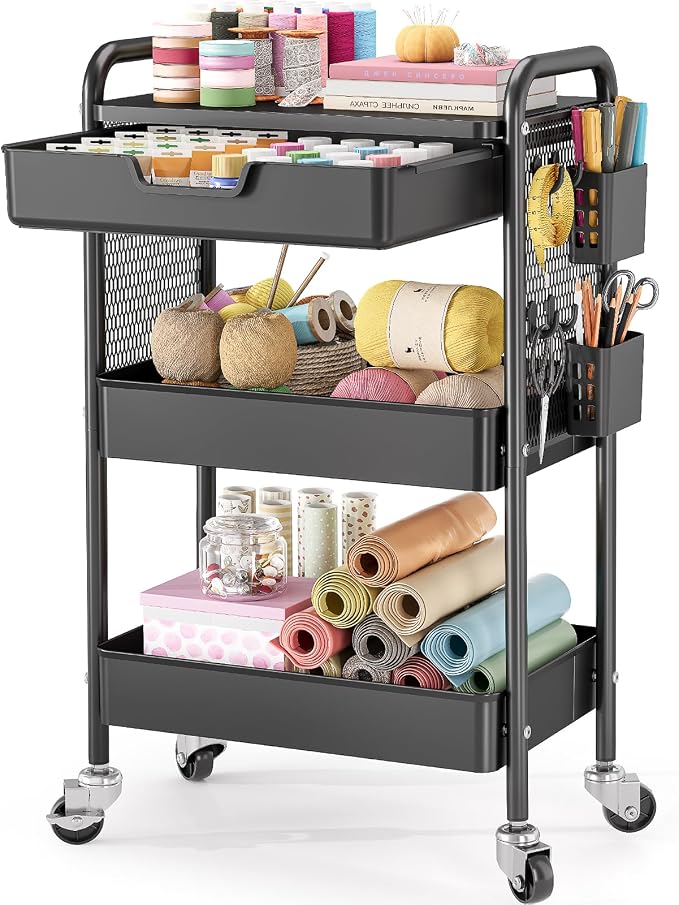 3 Tier Metal Rolling Utility Cart with Drawer & Pegboard - Multifunctional Storage Cart on Wheels with Tabletop, Hooks & Basket, Sturdy Craft & Art Cart for Bathroom, Bedroom, Children Room, Black