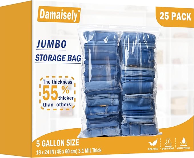Large Storage Bags with Zipper Top, 5 Gallon Bags 18" x 24", Resealable Plastic Bag, Jumbo Freezer Bag for Food, Clothes, Travel, Moving, 3.1-mil Thick, Pack of 25