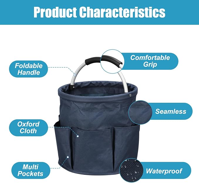 Qivine 17L Cleaning Caddy with Handle, Foldable Cleaning Supply Caddy(Blue) | Cleaning Caddy for Cleaning Supplies, Portable Cleaning Supplies Organizer with 6 Pockets, Cleaning Bucket for Kitchen Garden