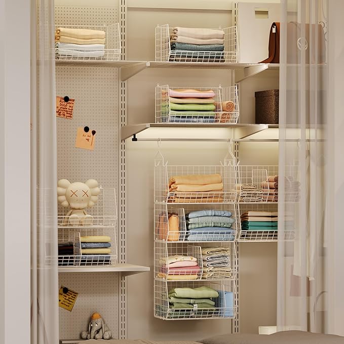 Jautokerdar 4 Tier Extra Large Hanging Closet Organizer,Closet Organizer Hanging with 5 S Hooks 4 Dividers,Clothes Organizer Clothing Sweaters Clutches Handbags Hats Accessories-White