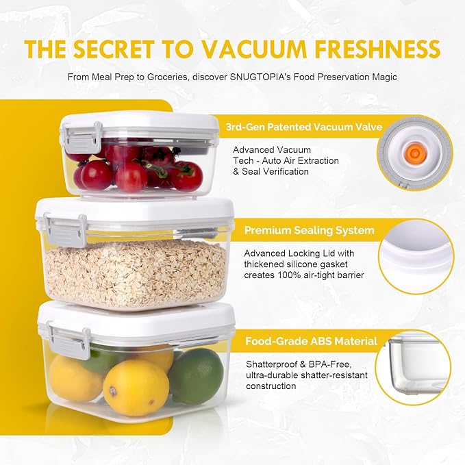 Vacuum Seal Food Storage Containers Set for Meal Pre, Snack, Veigges, Fruits - BPA-Free Kitchen Organizers with Lids, Suitable as Lunch box, Fridge & Dishwasher Safe - 0.6L+1.5L