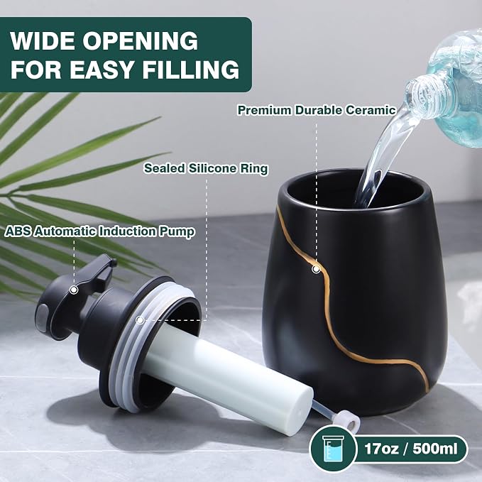 BosilunLife Automatic Foaming Soap Dispenser - Touchless Foam Hand Wash Dispenser for Bathroom Black Ceramic Smart Electric Auto Dish Soap Dispenser Waterproof, USB C Rechargeable, 17 oz/500 ml