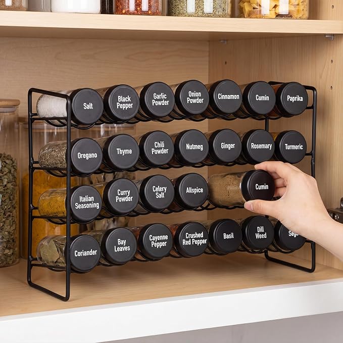FoldTier Spice Rack Organizer with 28 Spice Glass Jars, 56 Labels, Funnel and Marker Set, Complete Countertop Seasoning Rack Organization for Cabinet, Kitchen Storage, Pantry, Cupboard(Black)