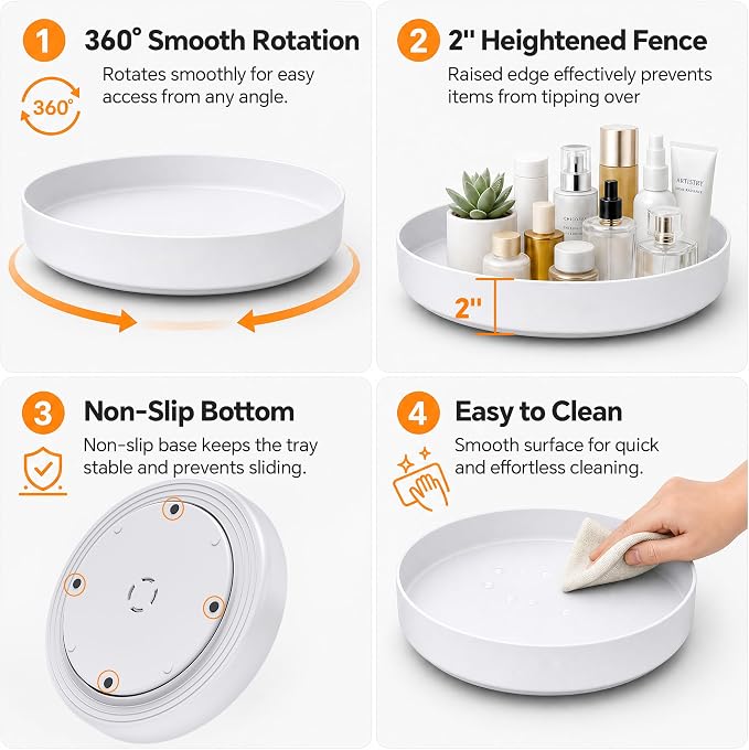 CTIME Lazy Susan for Refrigerator, 11.8in White Lazy Susan Spice Rack | 360° Rotating, Non-Slip Base, 2in Raised Edge, for Kitchen, Pantry & Refrigerator