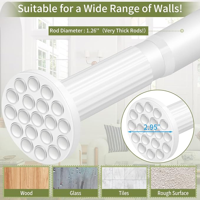 White Tension Curtain Rod 51-165In, Long Adjustable Tension Rods No Drilling for Window or Bathroom, Outdoor Curtain Rods for Patio, Easy to Install, Never Rust, Rod Diameter 1.26 Inches-White