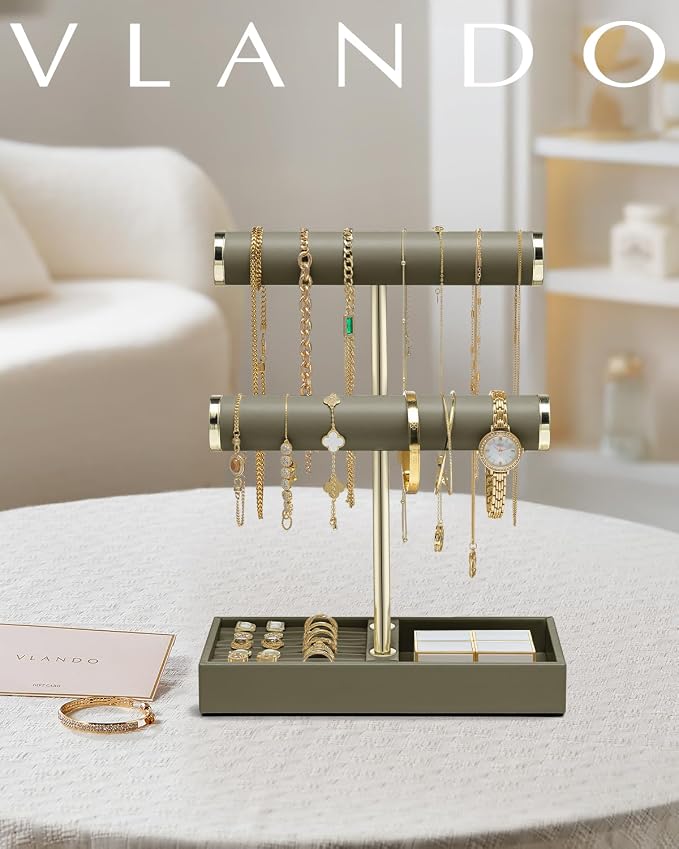 VLANDO 2 Tier Bracelet Holder with Tray - Jewelry Stand Organizer for Women - Valentines Day Gift Her- Jewelry Holder Display for Necklace, Watches, Rings, Earrings, Bangle, Scrunchie - Olive Green
