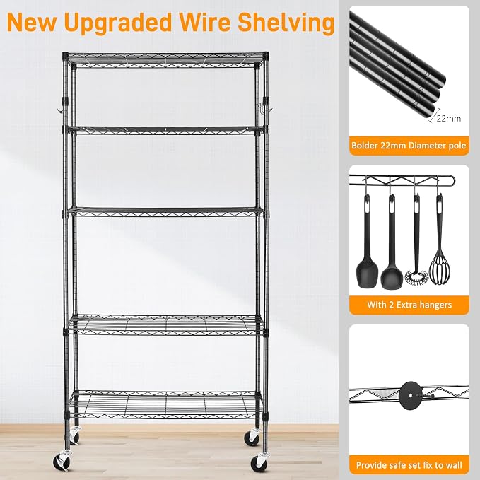 BolDuck 5 Tier Storage Shelves with Wheels, 1750lbs Capacity Heavy Duty Shelving Units, 14x36x75inch Adjustable Metal Shelf Wire Shelving Rack for Garage, Kitchen, Office, Black