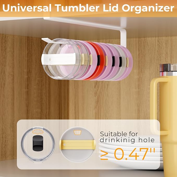 Quehun 2 PCS Tumbler Lid Organizers, Ample Lid Capacity Up to 30 Lids, No Adhesive No Drill Yeti Lid Organizer Holder Inside Cabinet, Space-Saving Stanley Tumbler Cup Lid Holder Organizer for Kitchen